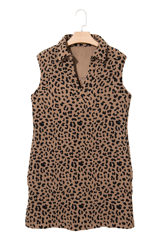 Khaki Leopard Print V Neck Sleeveless Collared Mini Dress