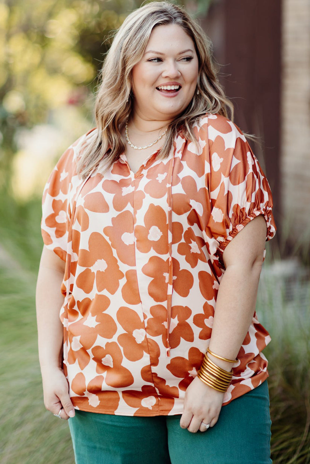 Orange Plus Size 60s Floral Print Drawstring V Neck Short Sleeve Blouse