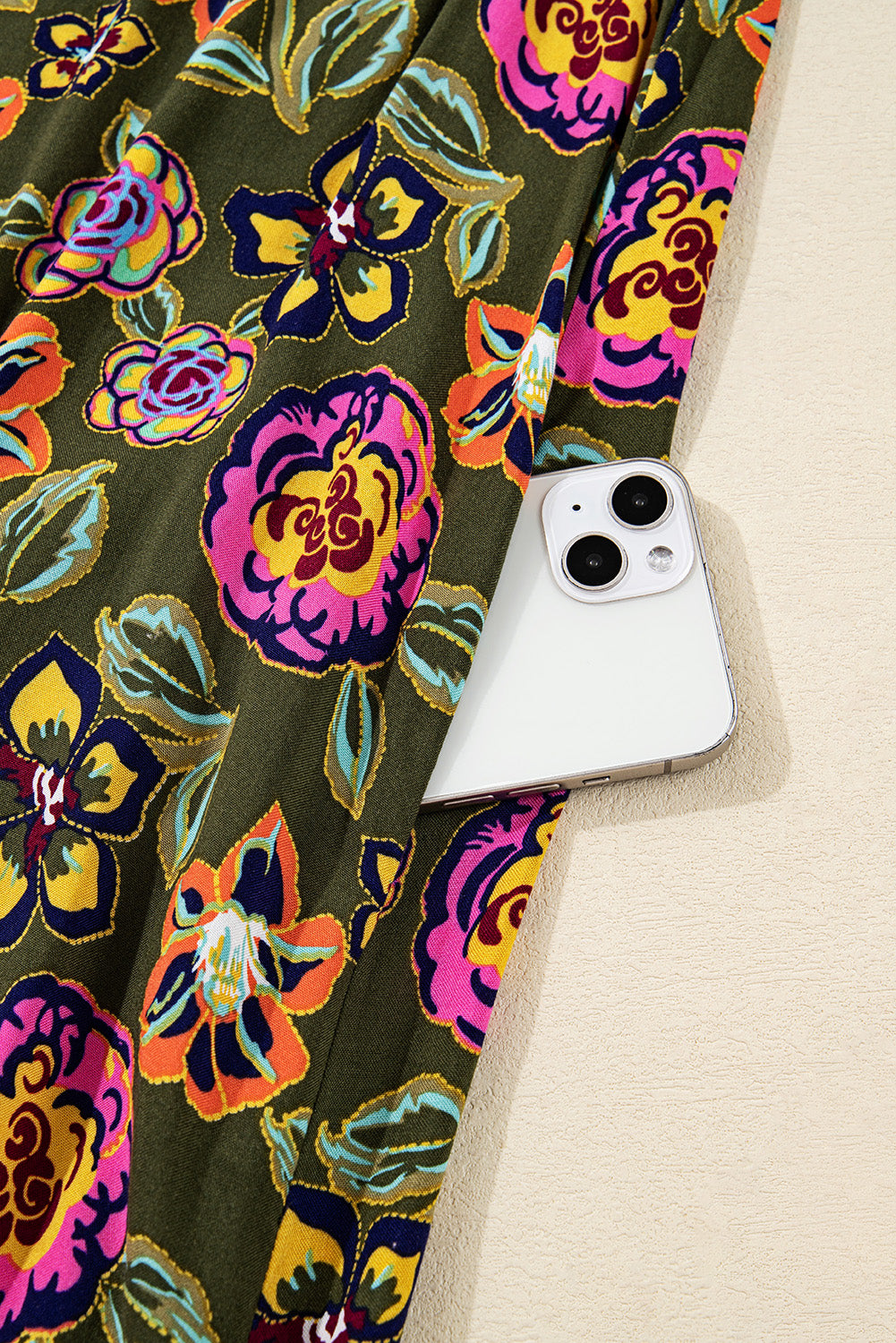 Green Floral Print Split Neck Bubble Sleeve Mini Dress