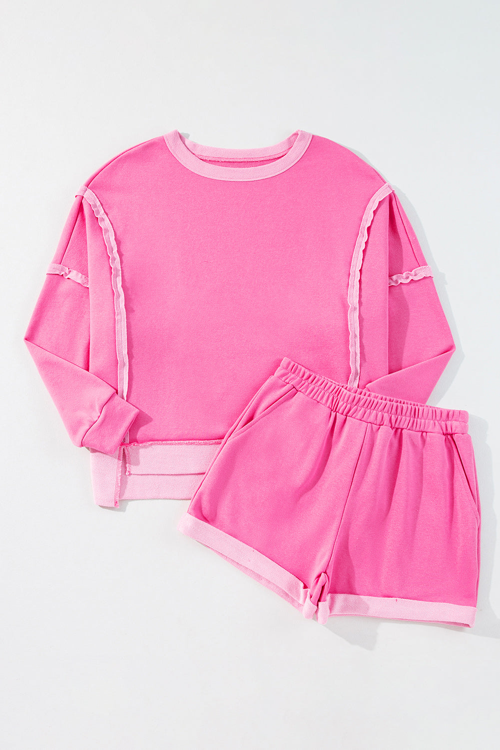 Sachet Pink Patchwork Long Sleeve Pullover and Shorts Set