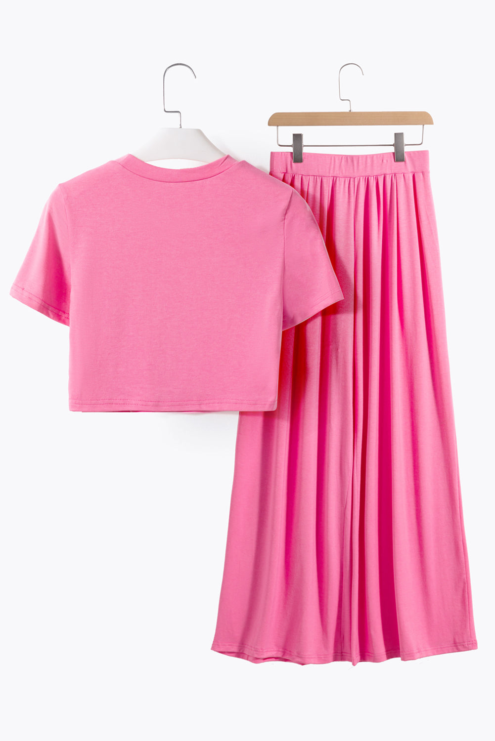 Strawberry Pink Plain Slim Fit Crop Top And Wide Leg Pants Set