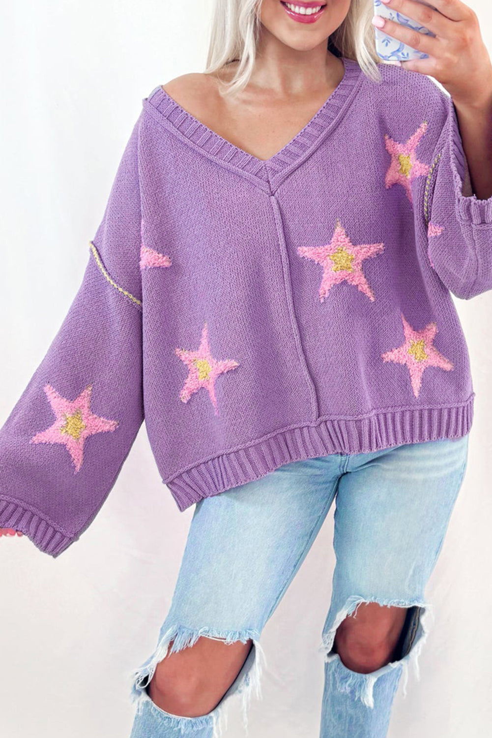 Lavendula Brushed Star Graphic V Neck Drop Shoulder Oversize Sweater