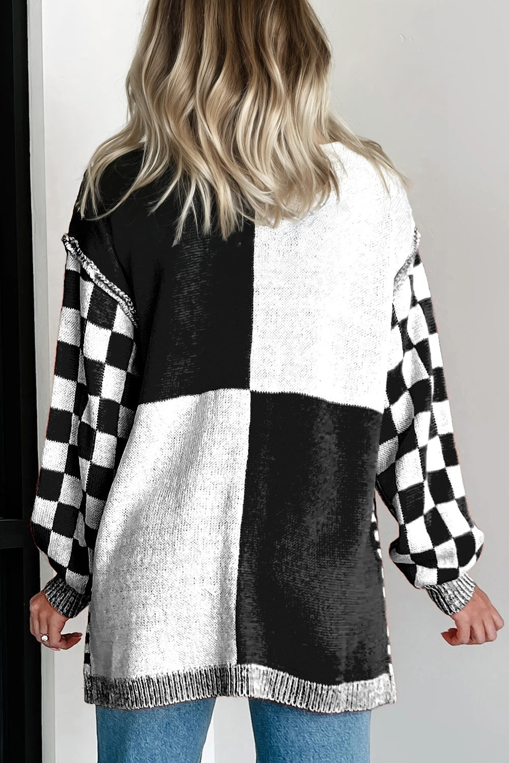 Bonnie Checkered Plus Size Drop Shoulder Knit Cardigan