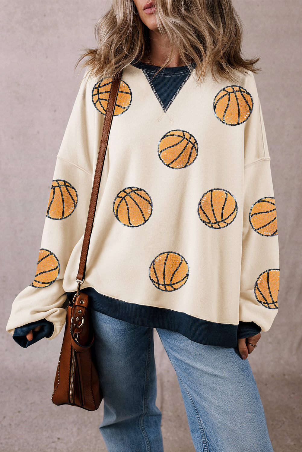 White Classic Basketball Graphic Crew Colorblock Sweatshirt