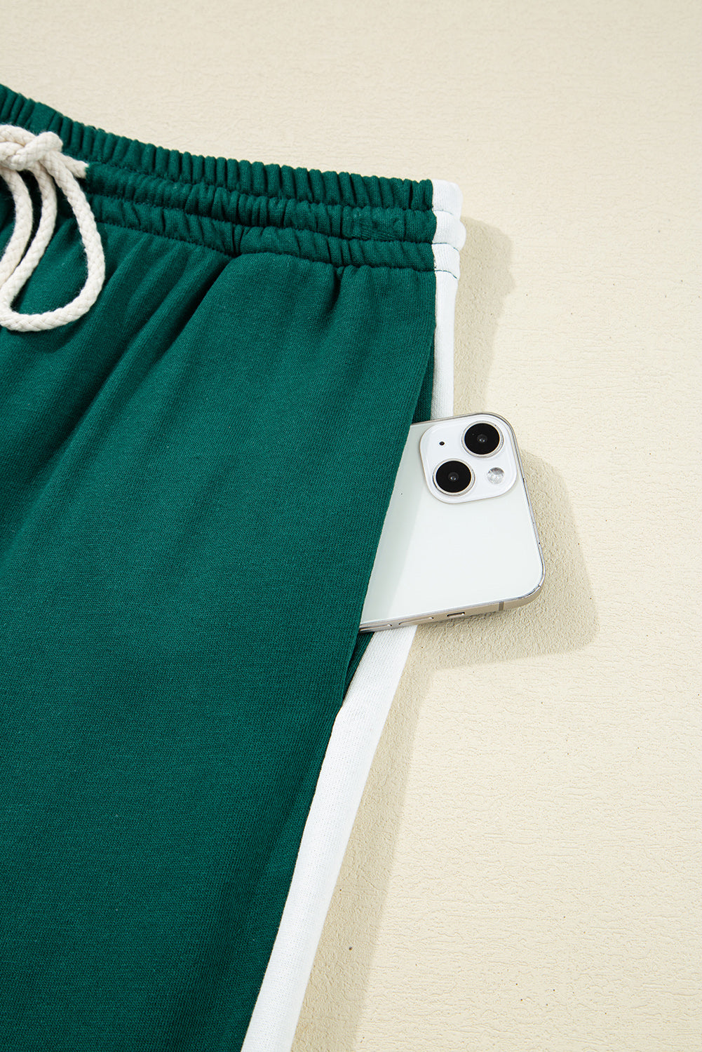 Sea Green Solid Color Pullover Top Varsity Stripe Detail Loose Drawstring Pants Set