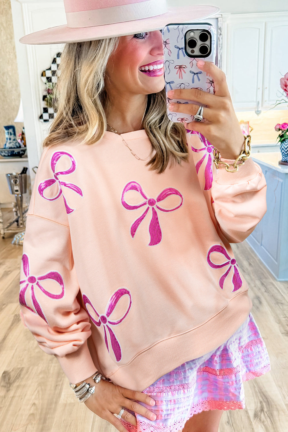 Apricot Pink Sequin Bow Drop Shoulder Oversized Sweatshirt