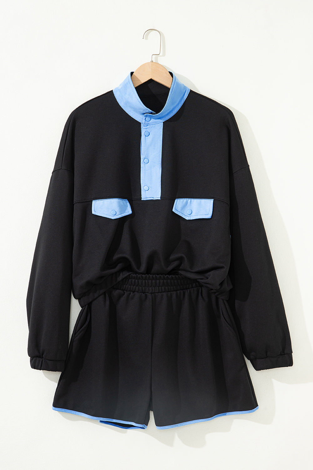 Red Dahlia Colorblock Patchwork Half Button Pullover and Shorts Outfit