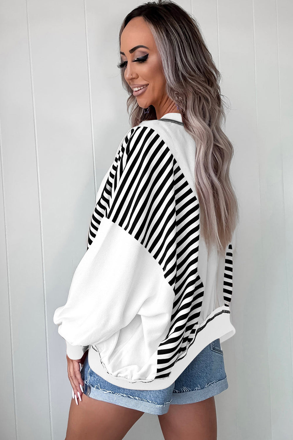 White Striped Colorblock Patchwork Oversized Sweatshirt