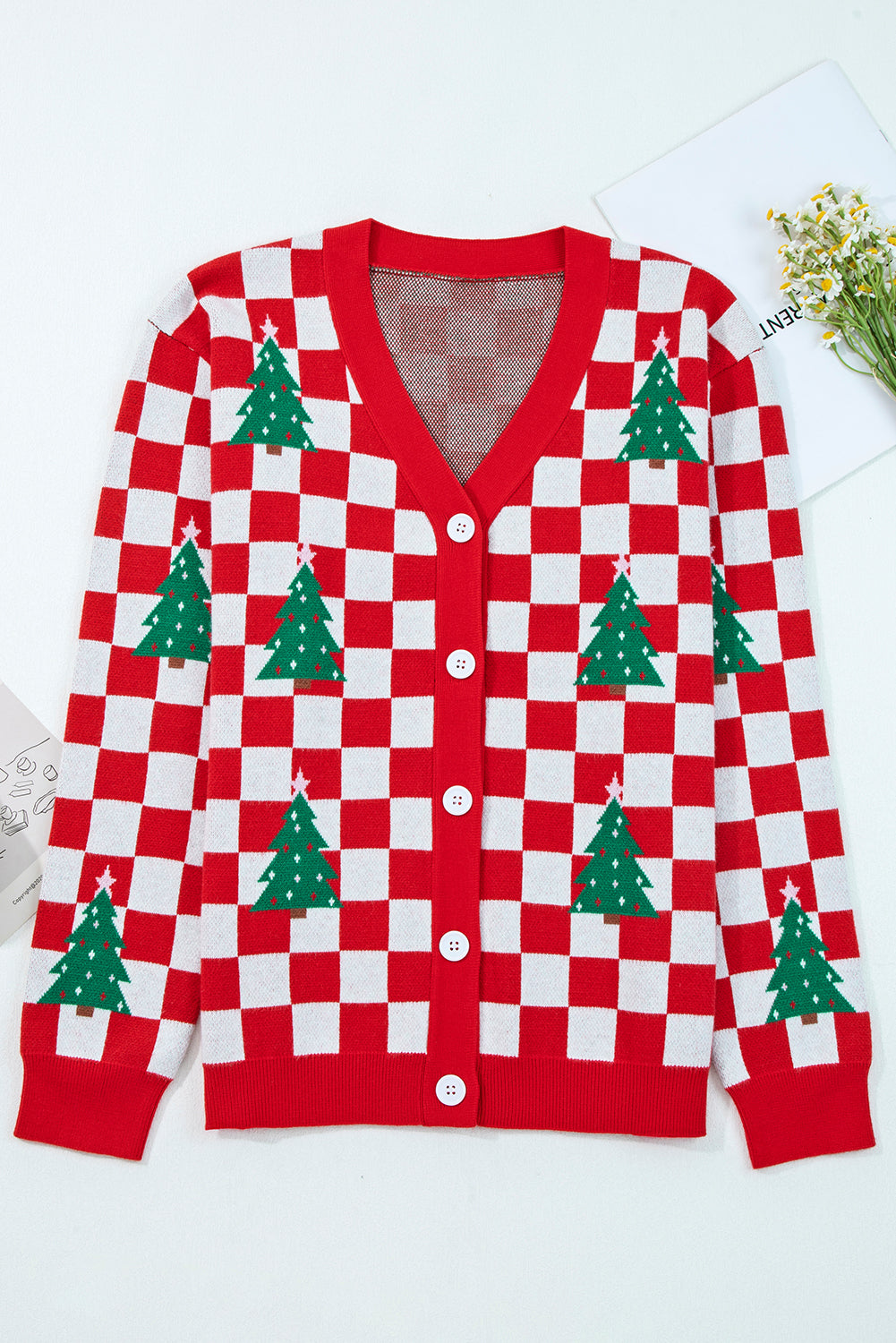 Dolan Red Checkered Christmas Tree Cardigan