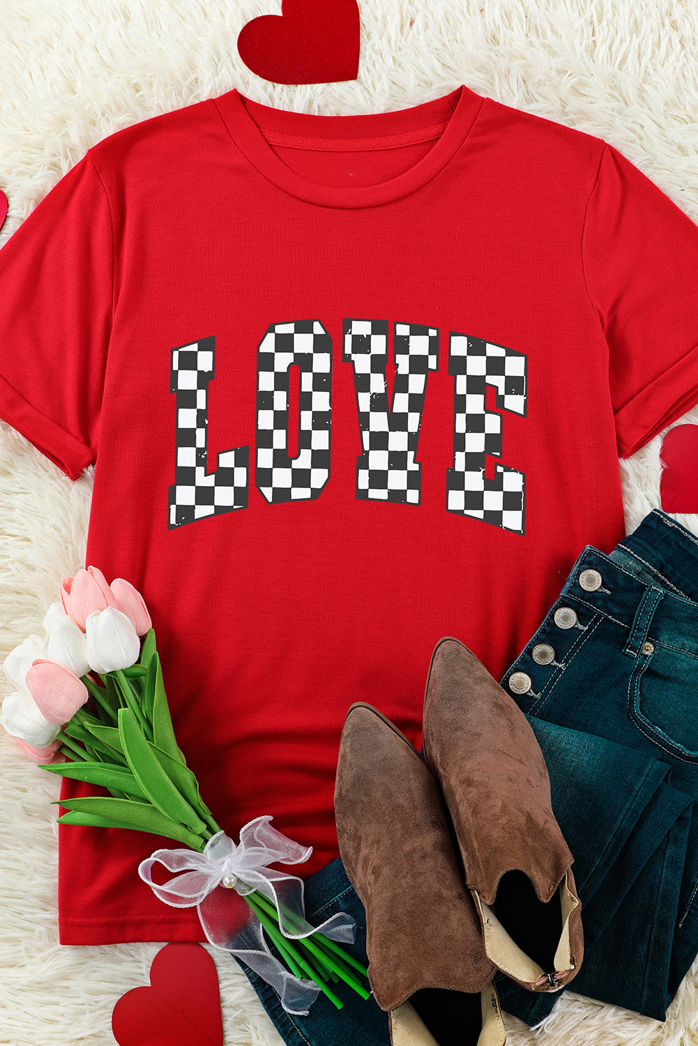 Red Checkered LOVE Letter Graphic Valentines Crewneck T Shirt