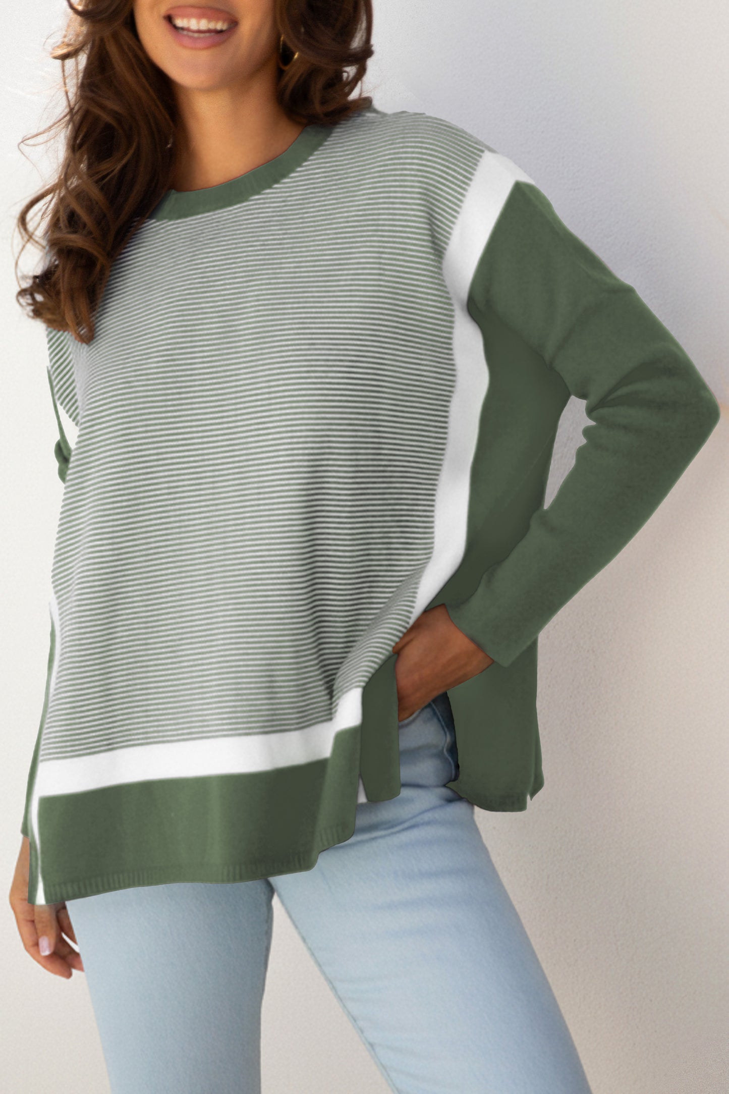 Green Stripe Color Block Patchwork Dolman Oversize Tunic Sweater