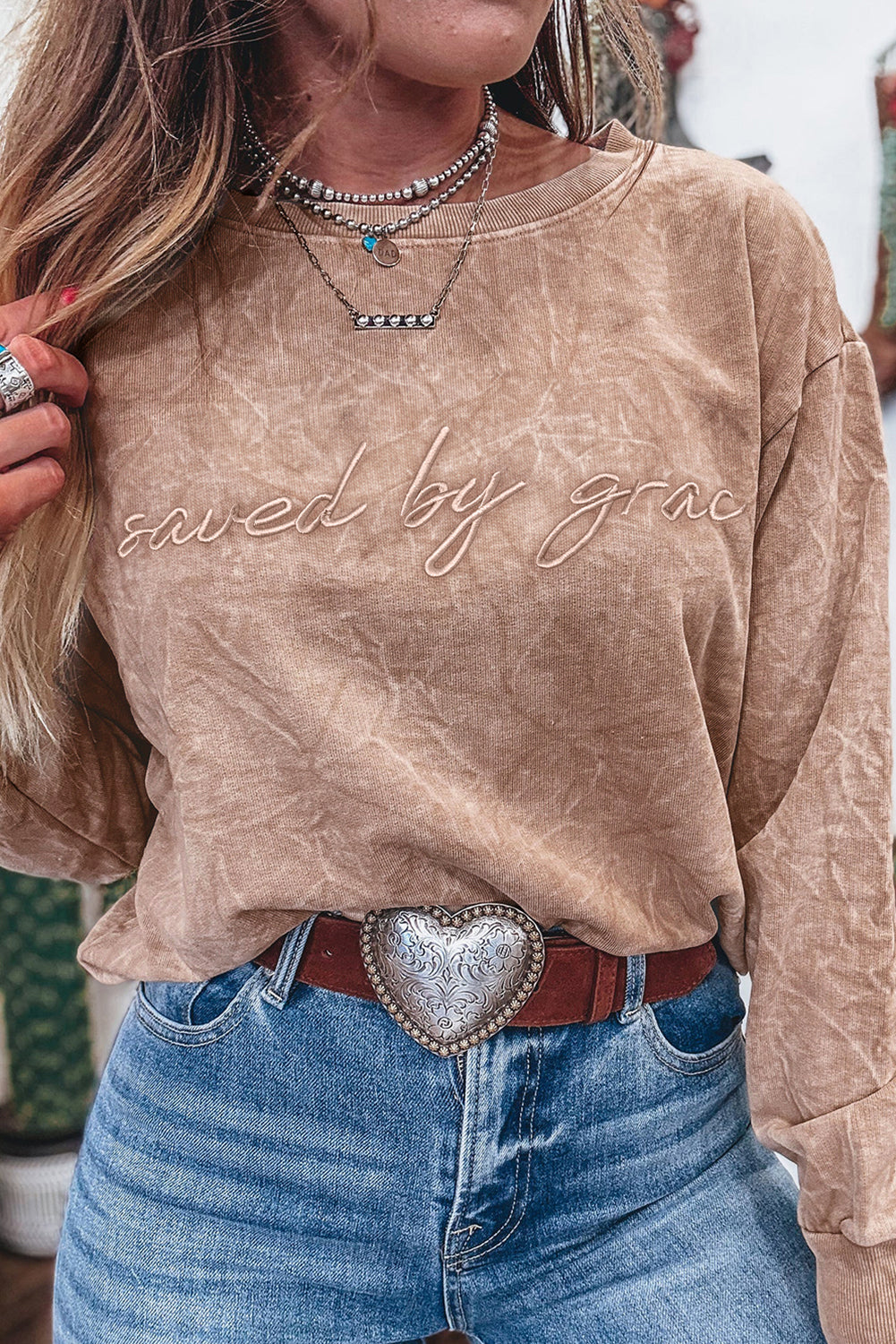Sea Green  saved by grace Letter Embroidery Mineral Wash Loose Sweatshirt