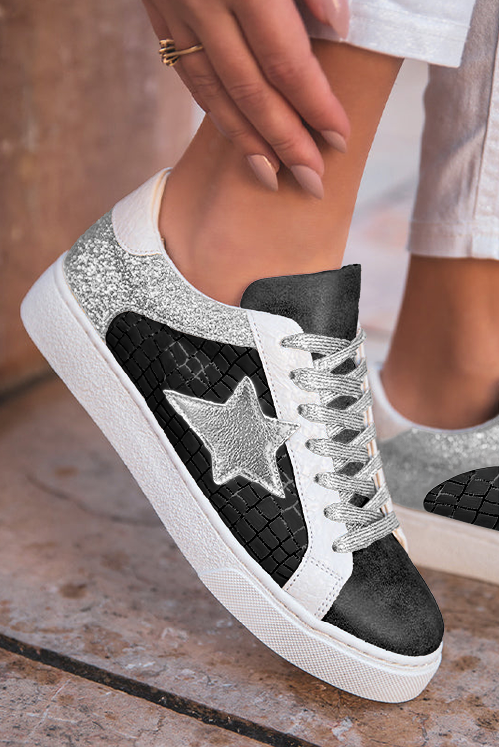 Gold Glitter Star Patchwork PU Leather Lace-up Sneakers