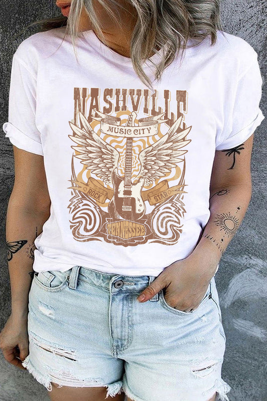 White NASHVILLE MUSIC CITY Guitar Graphic Plus T Shirt