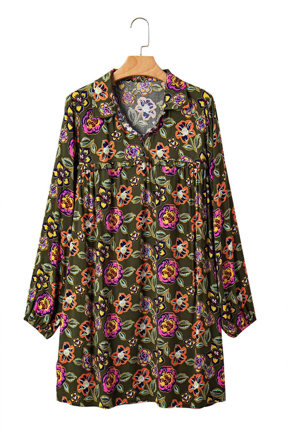 Green Floral Print Split Neck Bubble Sleeve Mini Dress