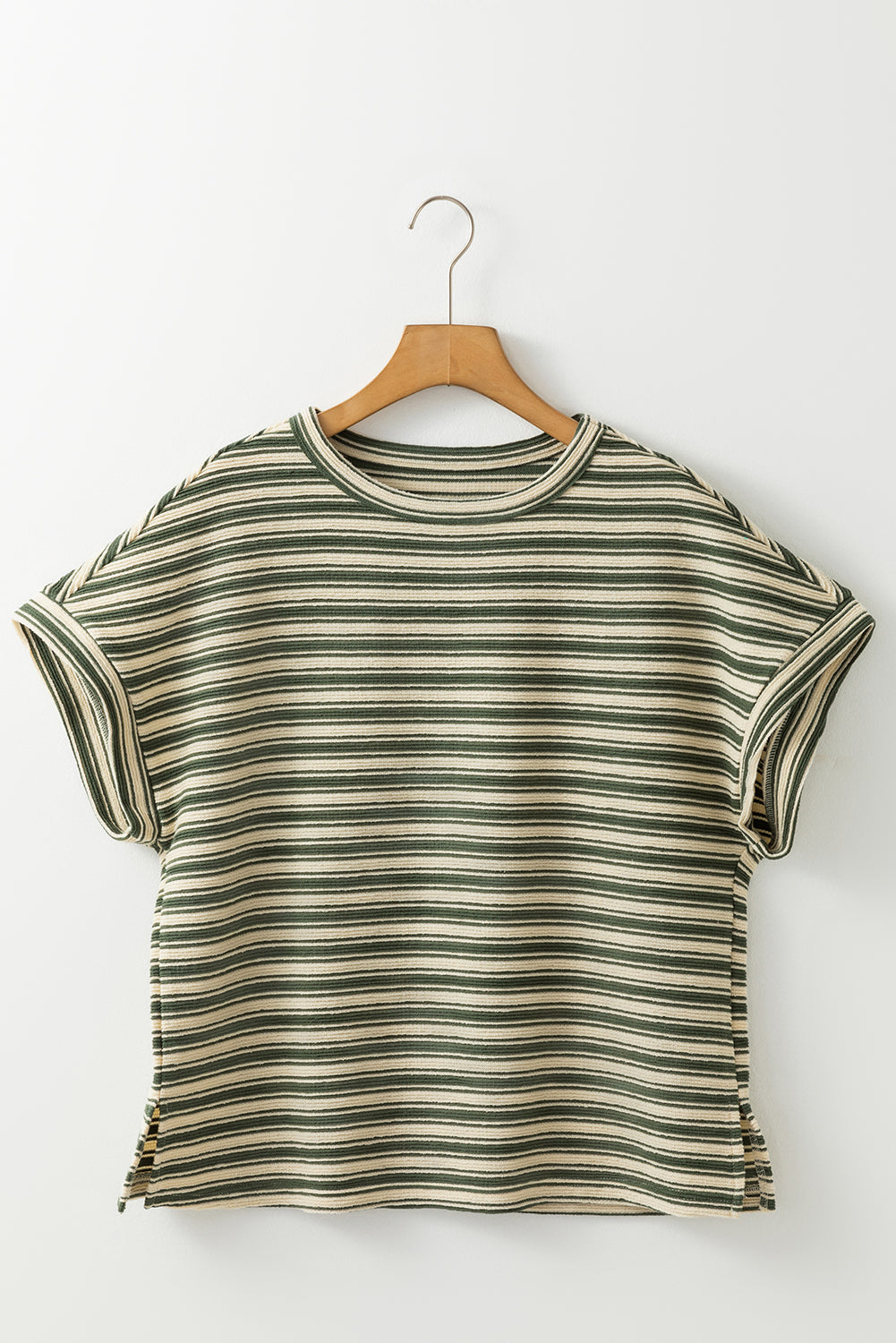 Green Stripe Textured Side Slit Crew Neck T Shirt