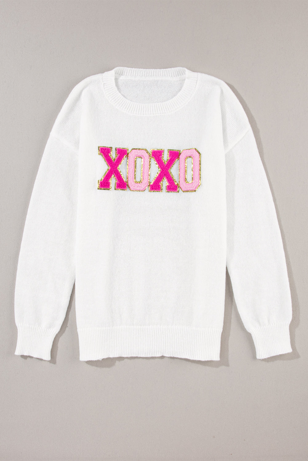 White XOXO Chenille Letter Round Neck Casual Sweater