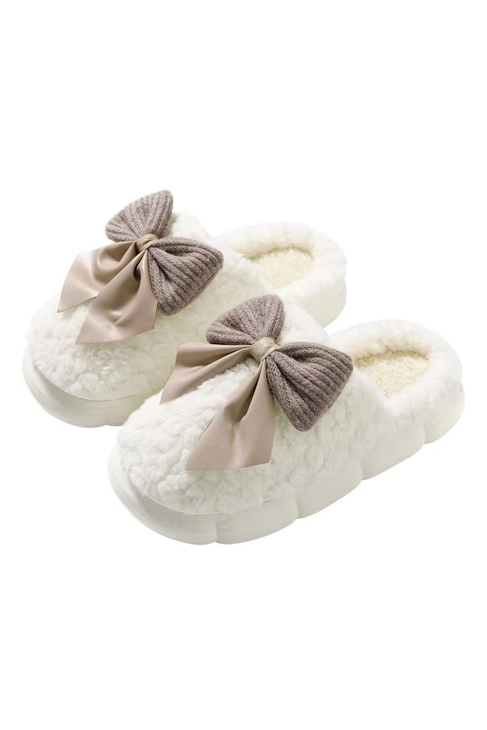 Camel Contrast Bowknot Applique Plush Winter Slippers