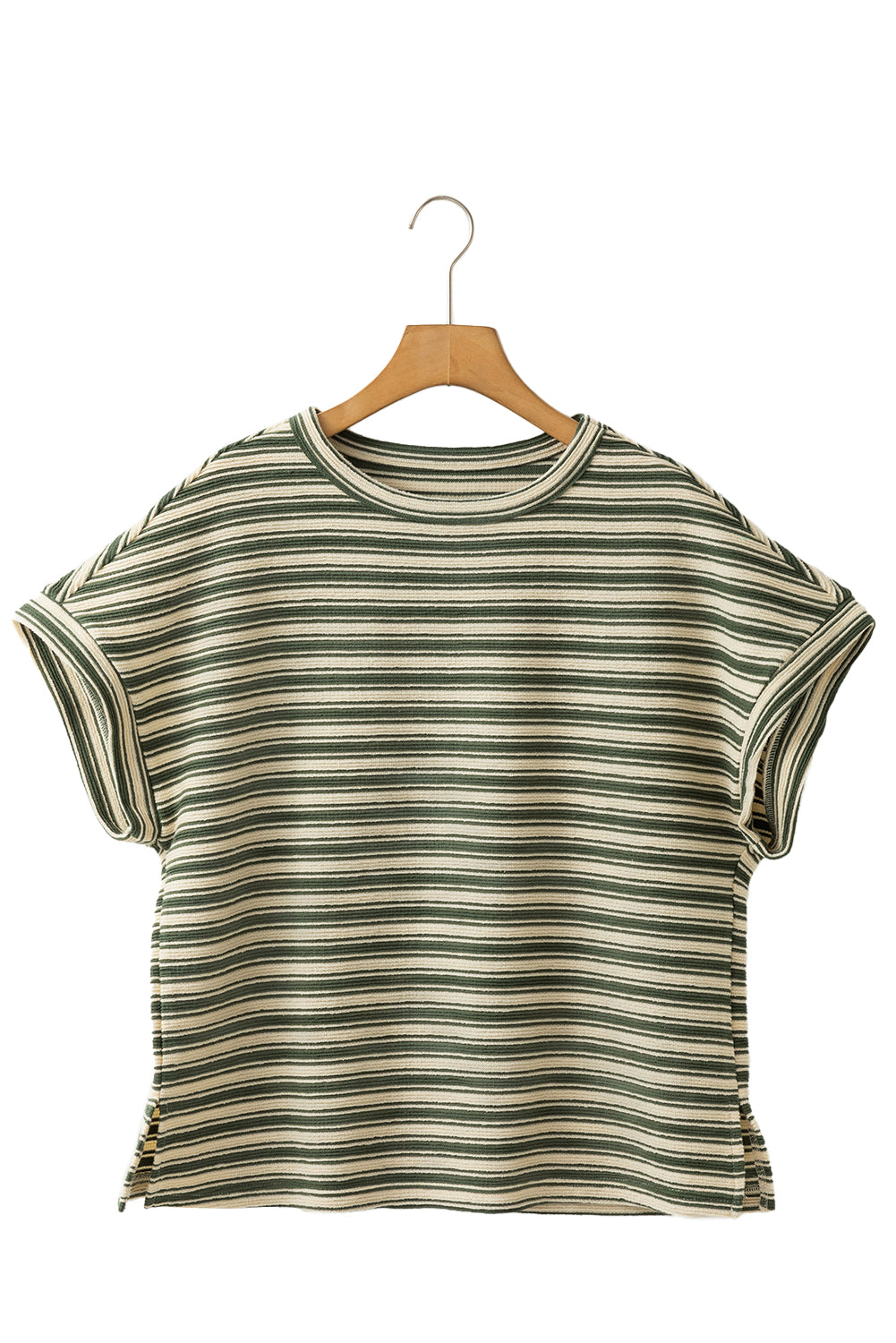 Green Stripe Textured Side Slit Crew Neck T Shirt