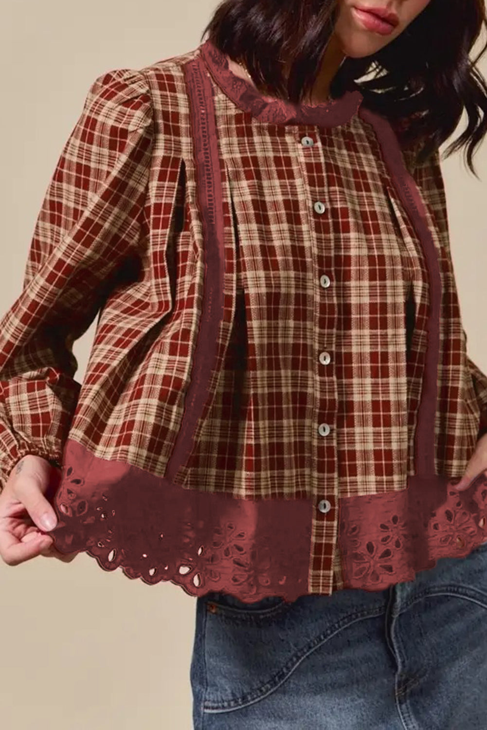 Lacy Plaid Lace Hem Button Down Shirt
