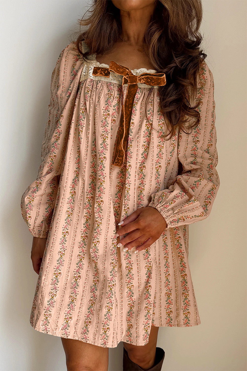 Vivian Velvet Bow Front Floral  Dress