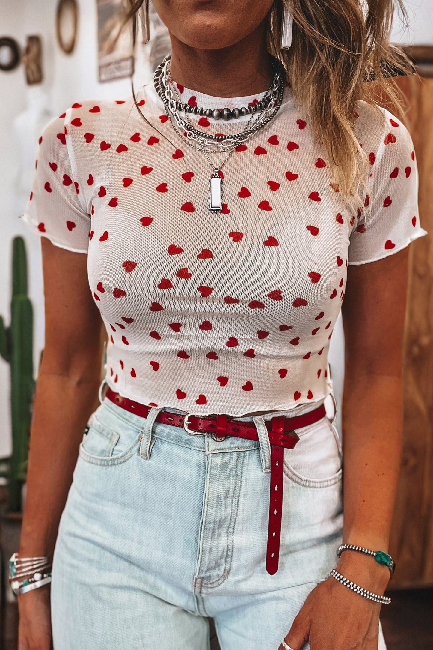 Red Allover Heart Print Mesh Short Sleeve Top