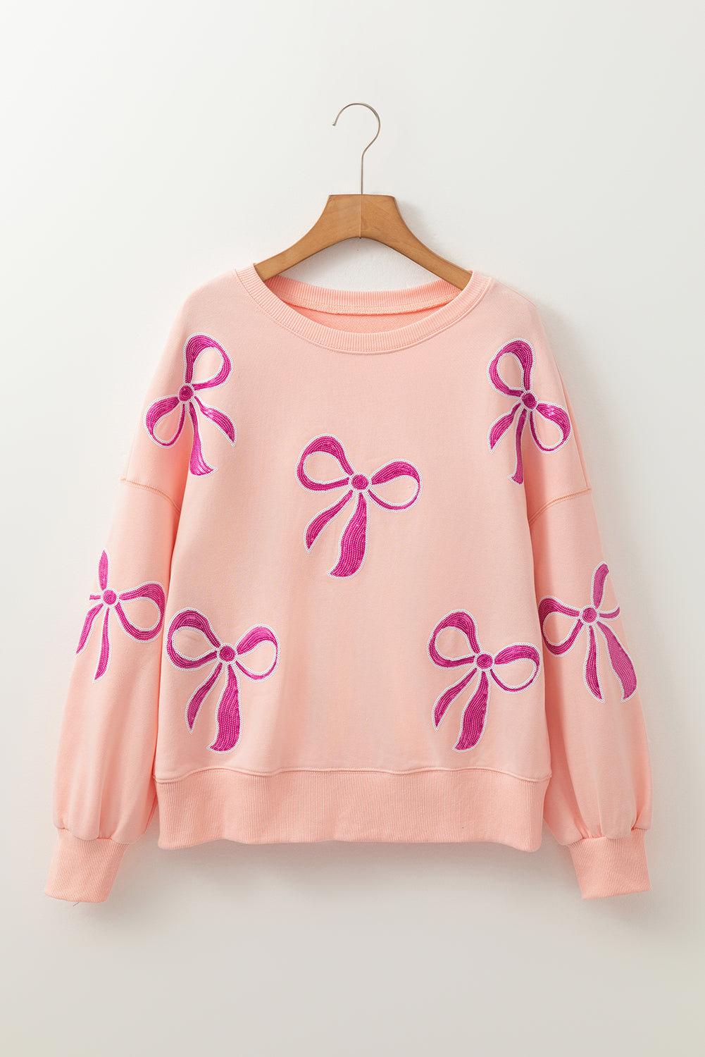 Apricot Pink Sequin Bow Drop Shoulder Oversized Sweatshirt