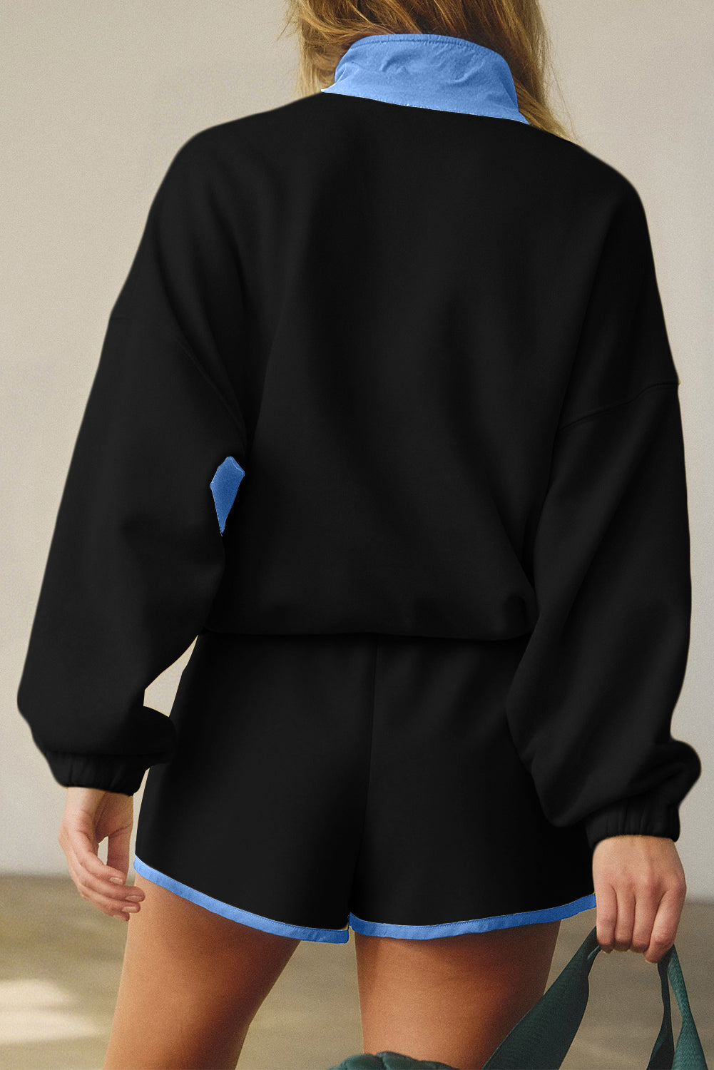 Red Dahlia Colorblock Patchwork Half Button Pullover and Shorts Outfit