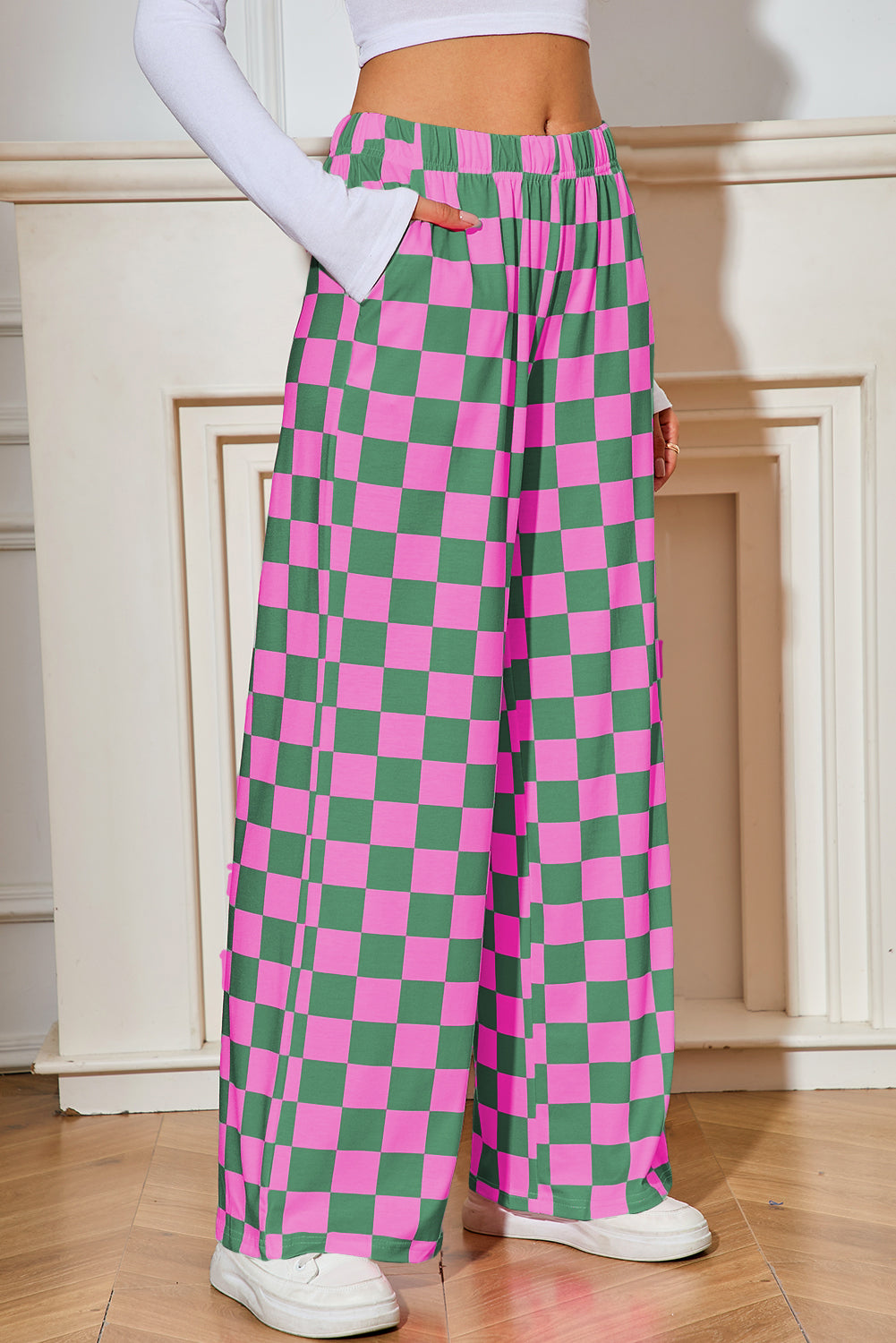 Black Checkered Print High Waist Wide Leg Pants