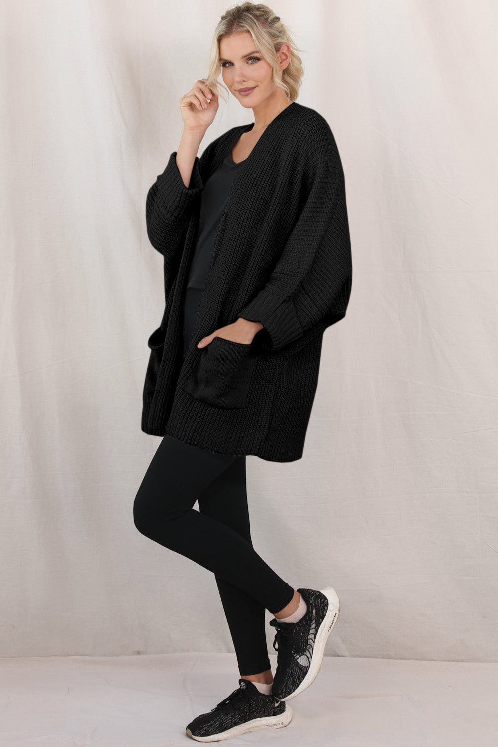 Gray Batwing Sleeve Pocket Oversized Cable Knit Cardigan