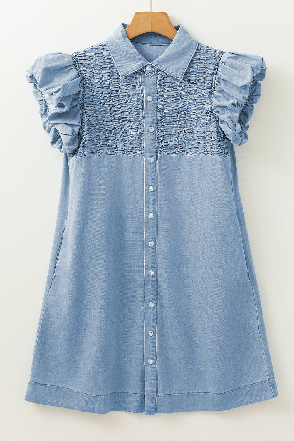 Beau Blue Flutter Sleeve Shirred Button Up Denim Mini Dress