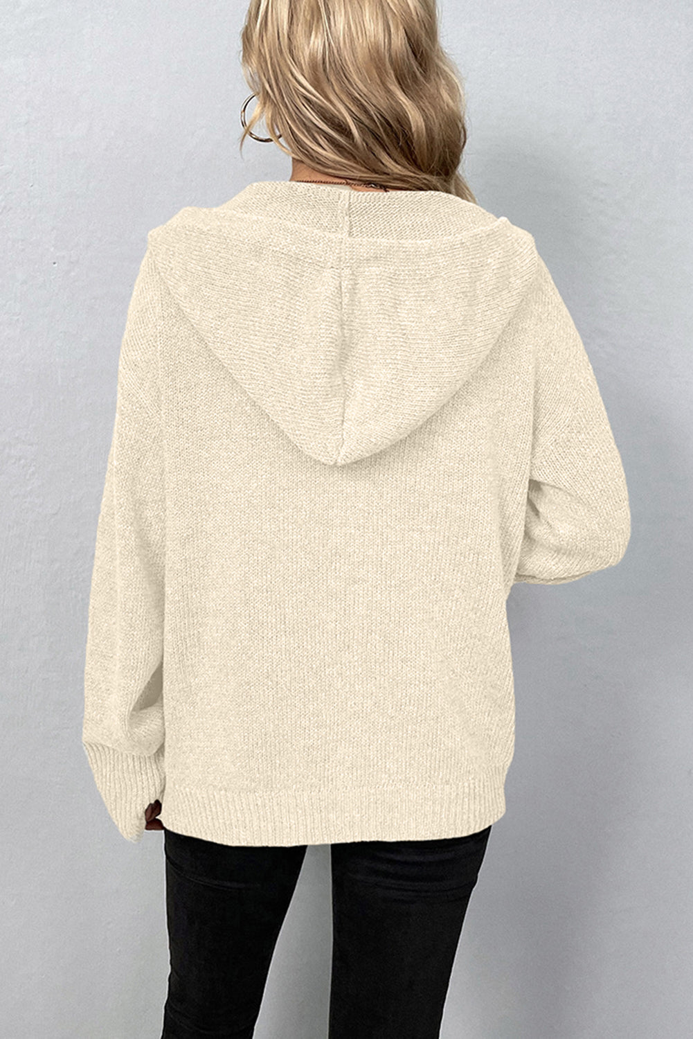 White Hooded Button Up Drop Shoulder Sweater Cardigan