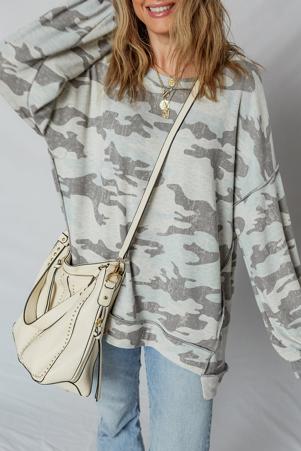 Green Camouflage Print Exposed Seam Drop Shoulder Sweatshirt