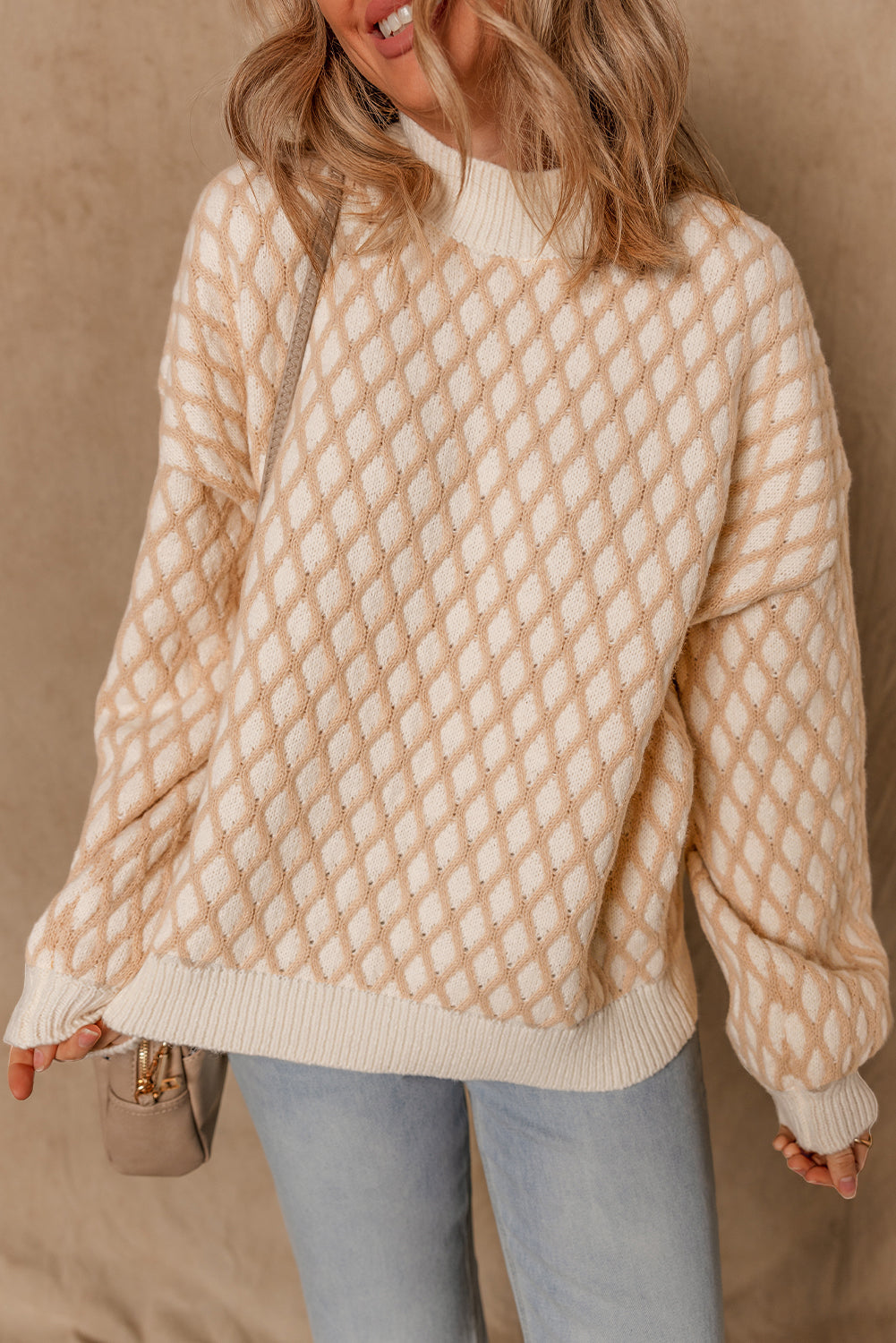 Lennox Checkered Textured Knit Mock Neck Sweater