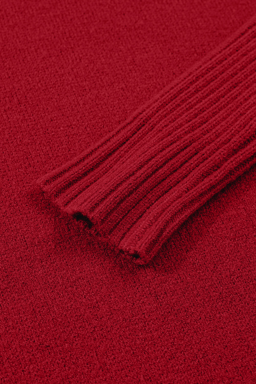 Fiery Red Ribbed High Neck Front Pockets Center Seam Sweater Dress