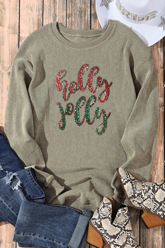 Green Sequin holly jolly Letter Patch Application Corded Sweatshirt