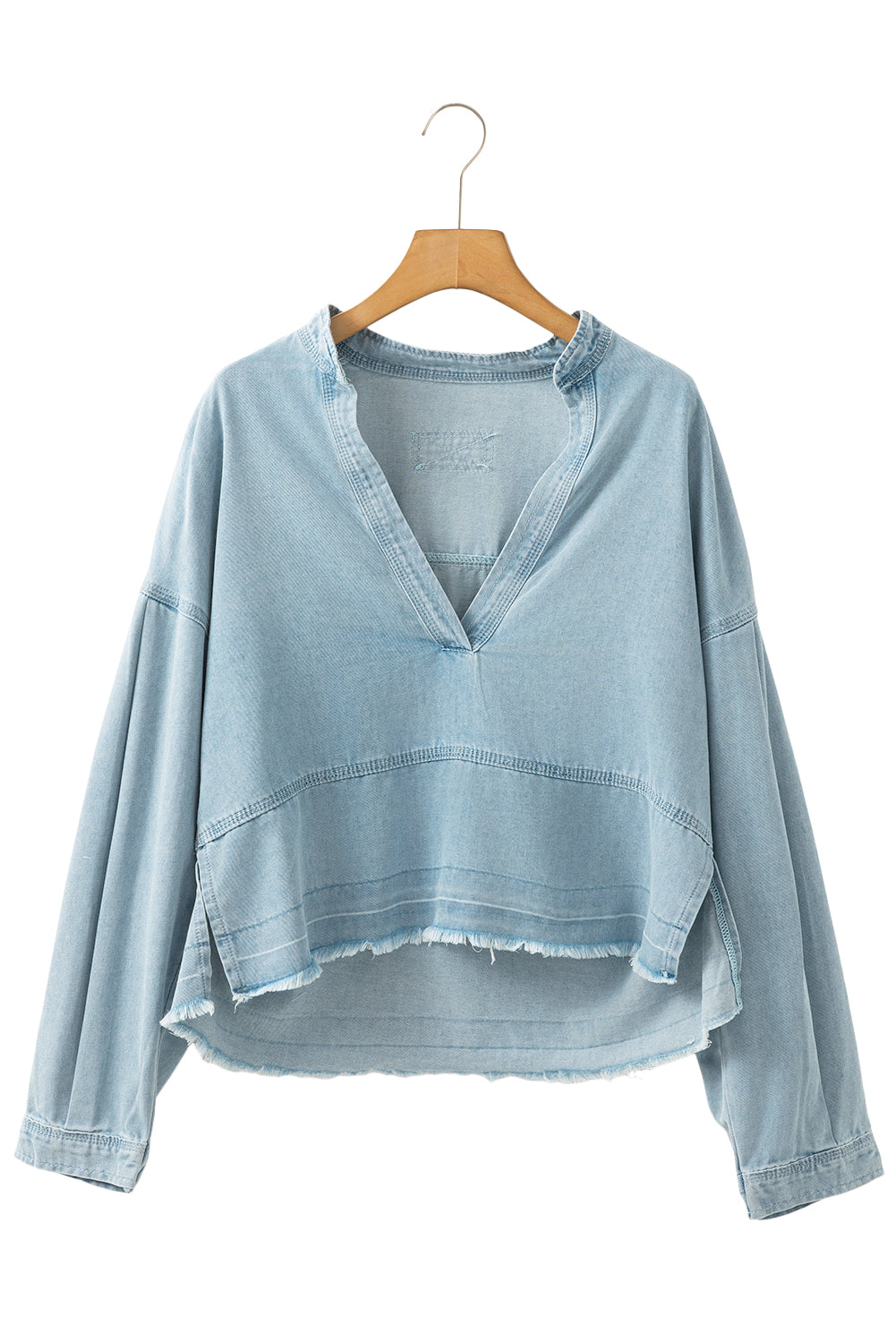 Beau Blue Light Wash Puff Sleeve V Neck Denim Blouse