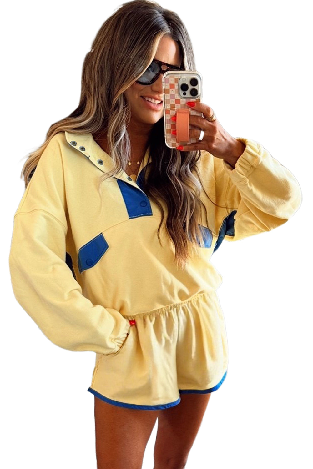 Red Dahlia Colorblock Patchwork Half Button Pullover and Shorts Outfit