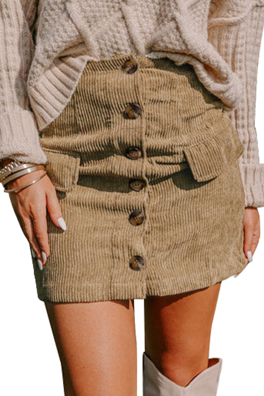 Camel Corduroy Buttoned Front Faux Pockets Mini Skirt