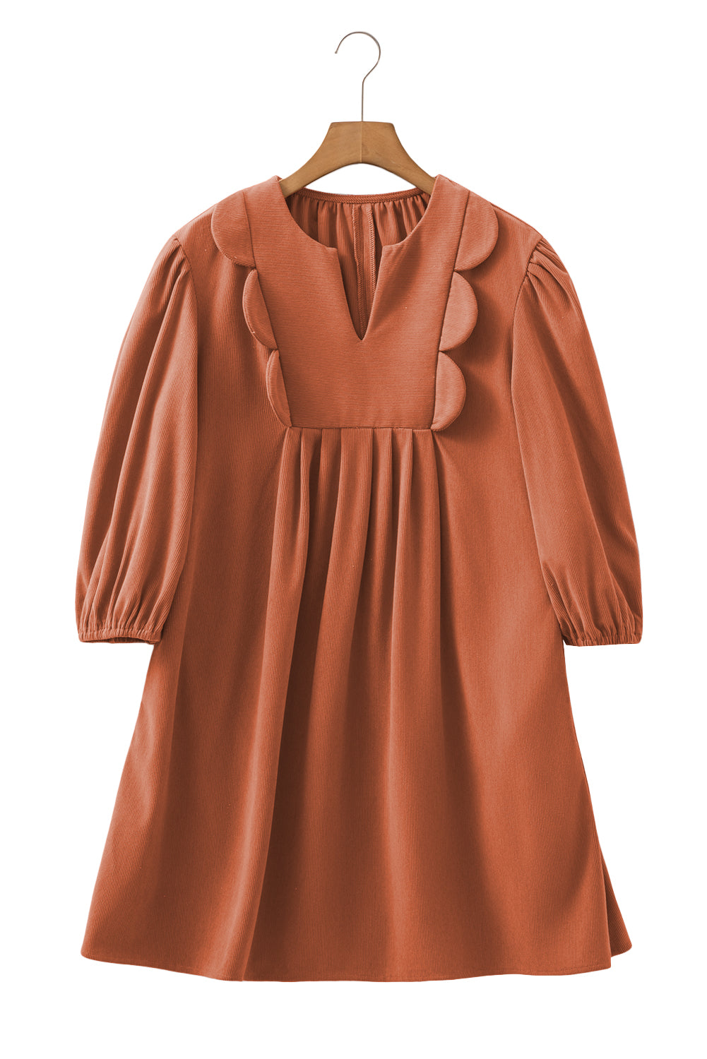 Cinnamon Split Neck Scallop Detail Pleated Corduroy Mini Dress