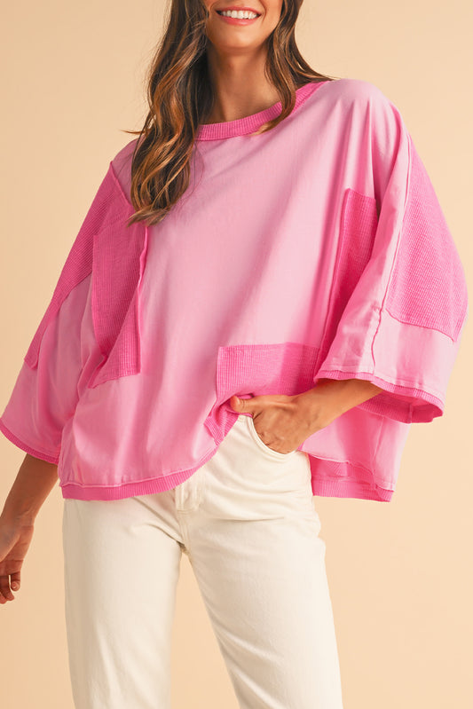 Pink Textured Patchwork 3/4 Sleeve Oversized Top