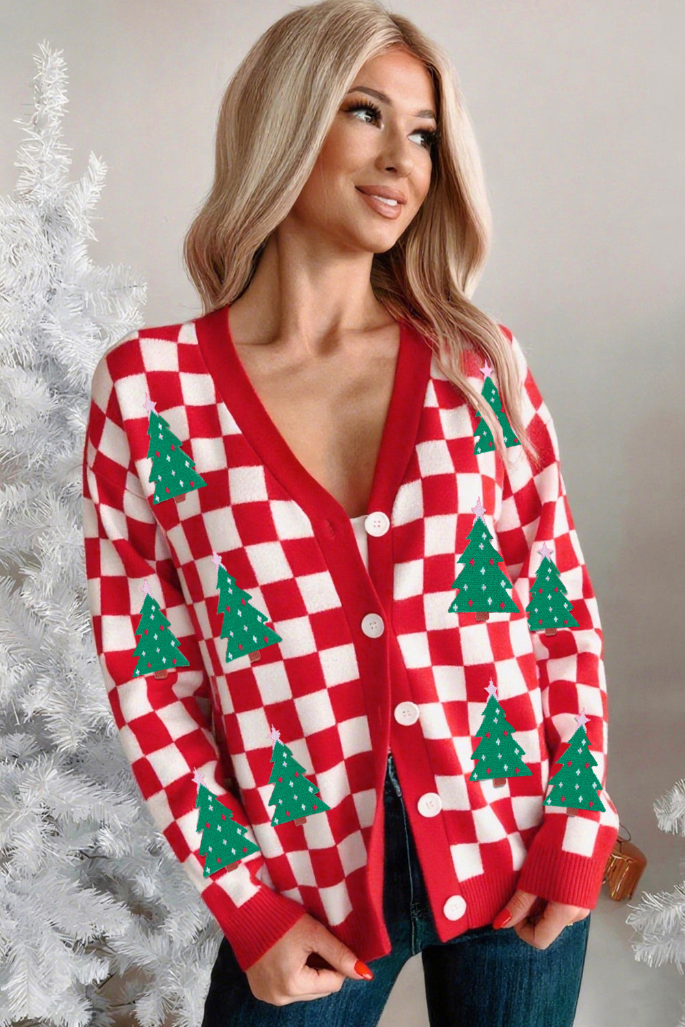 Dolan Red Checkered Christmas Tree Cardigan