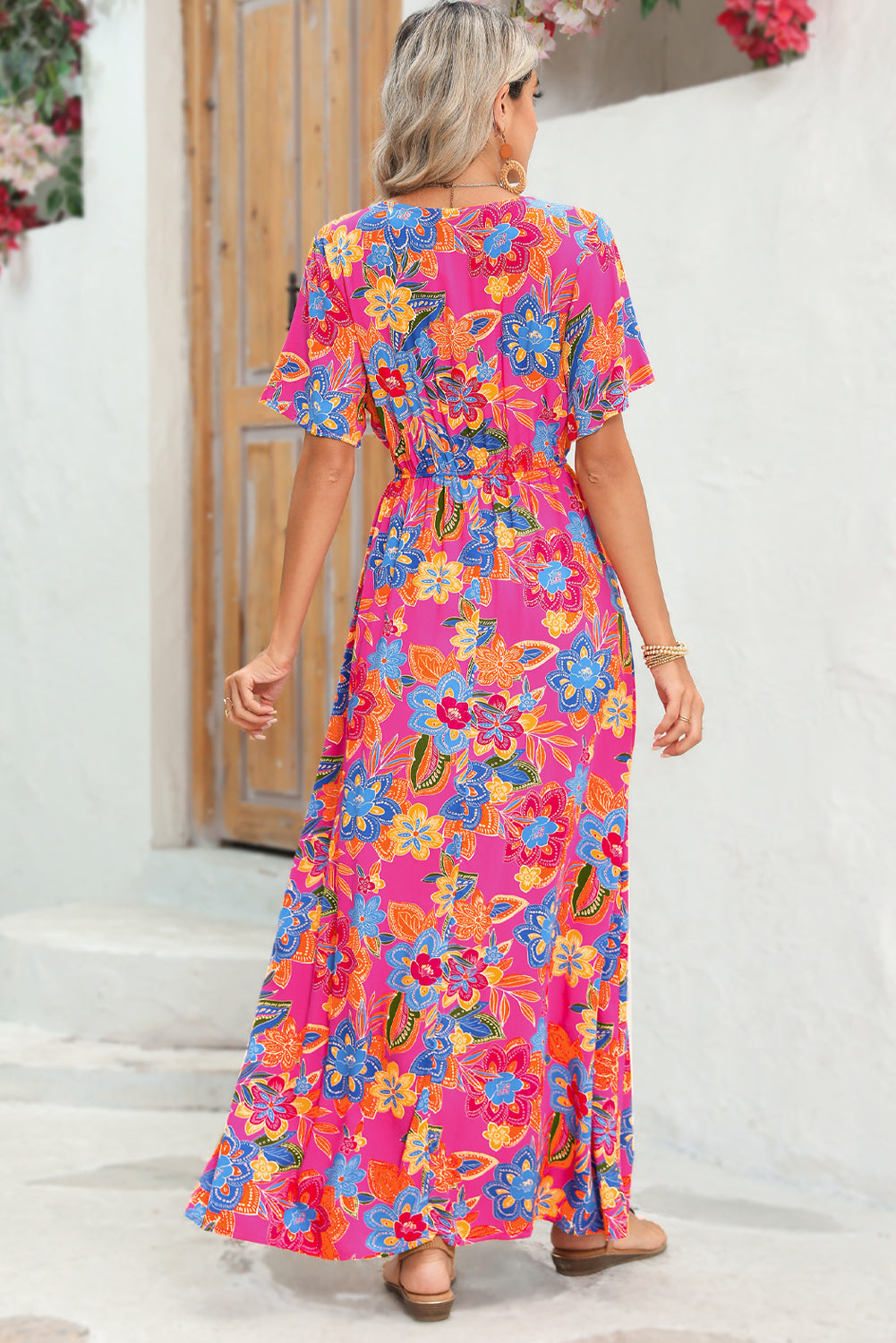 Aubrey Abstract Print Wrap V Neck Flutter Sleeve Mid Length Summer Dress