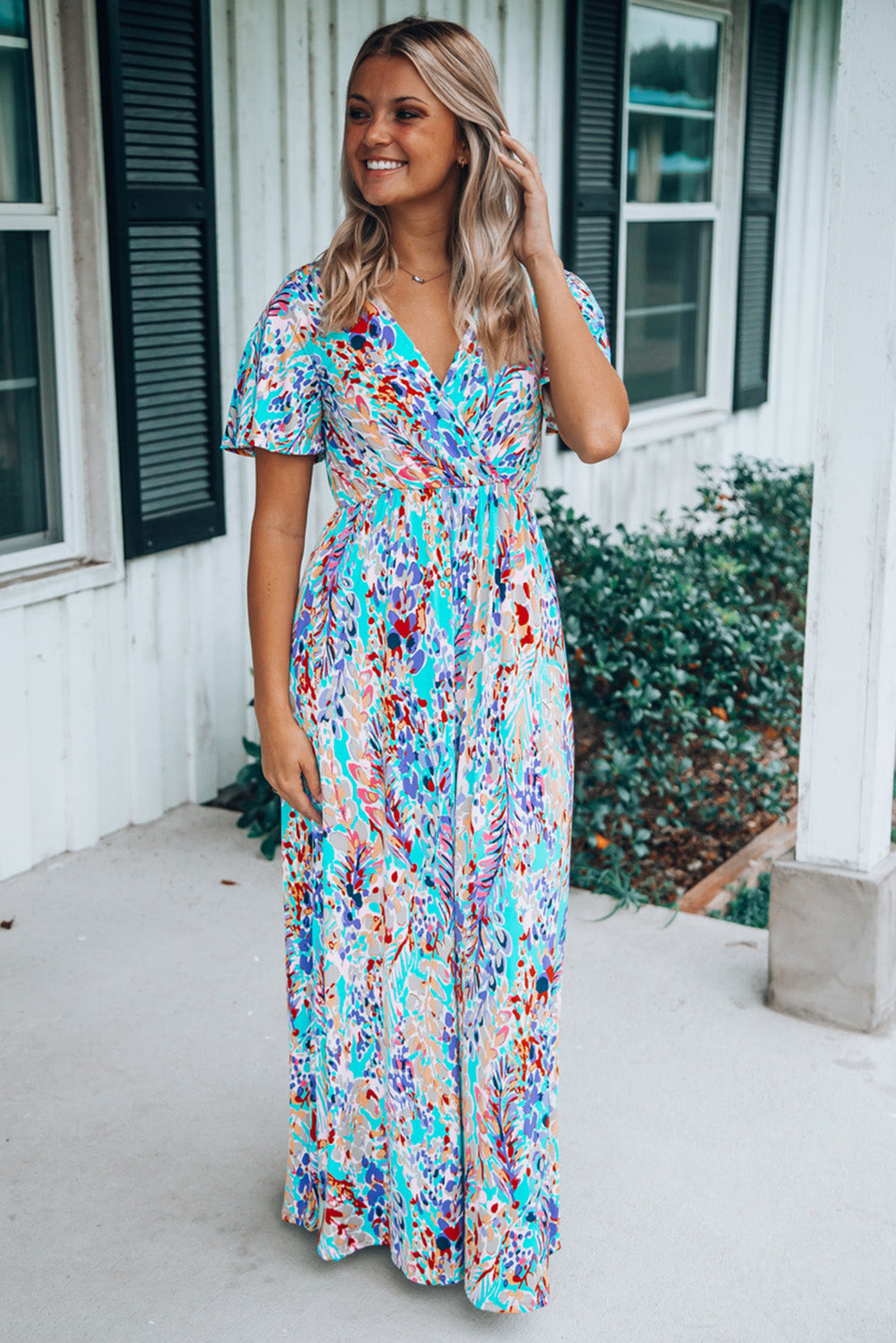 Aubrey Abstract Print Wrap V Neck Flutter Sleeve Mid Length Summer Dress