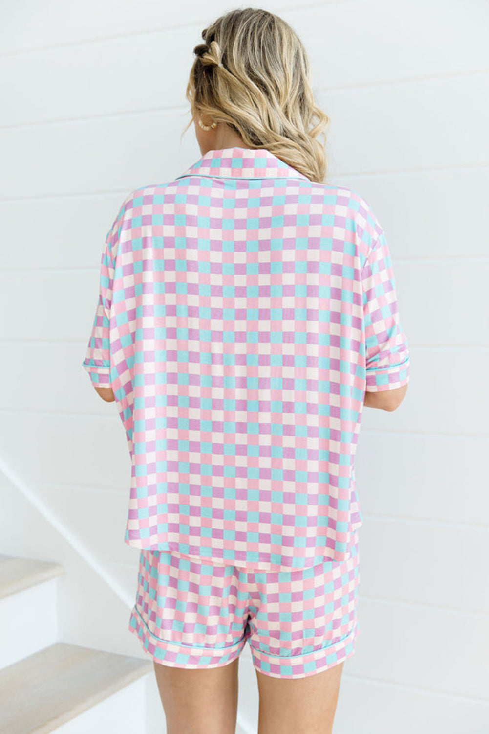 Purple Checkered Pattern Short Sleeve Pajama Set