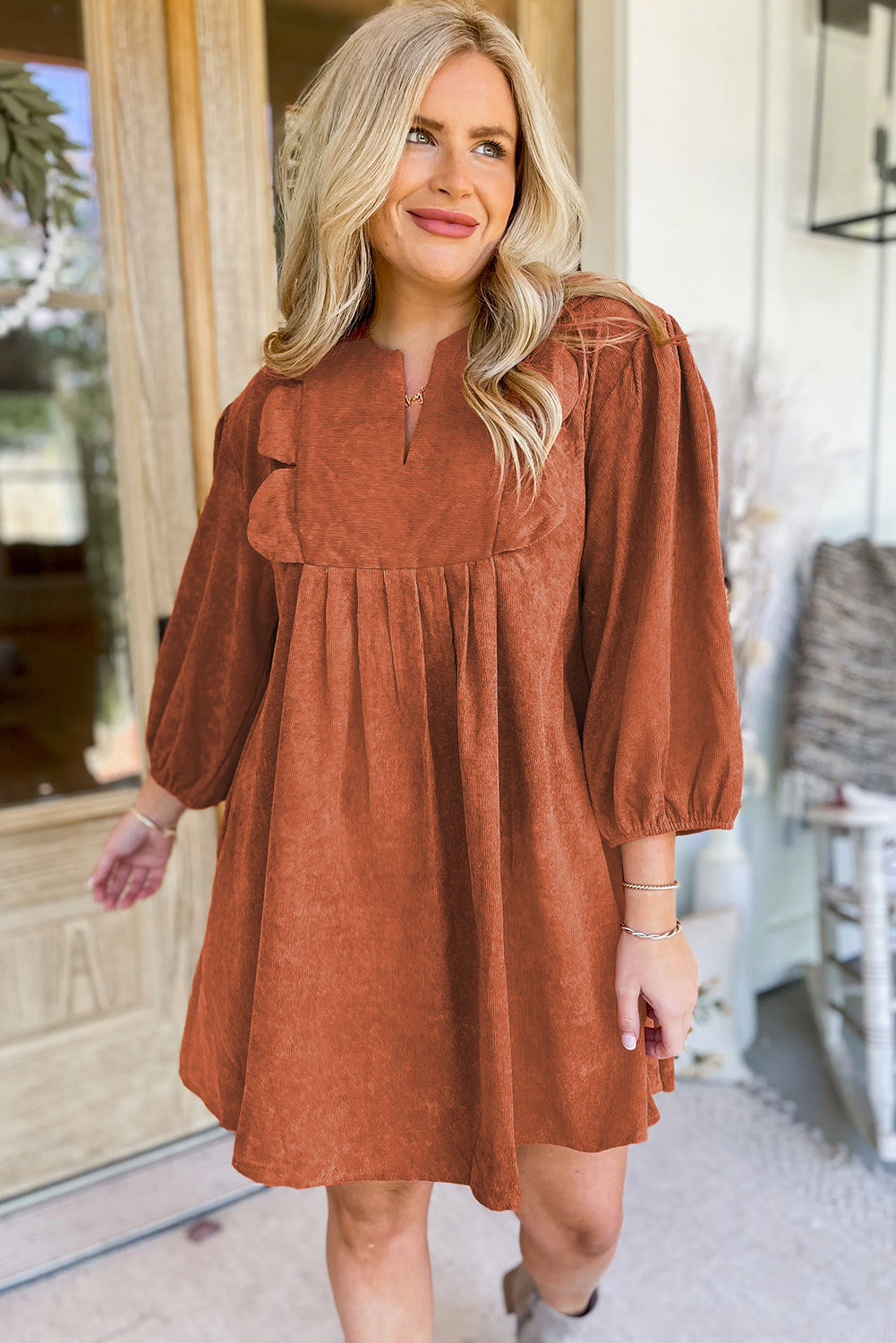 Cinnamon Split Neck Scallop Detail Pleated Corduroy Mini Dress