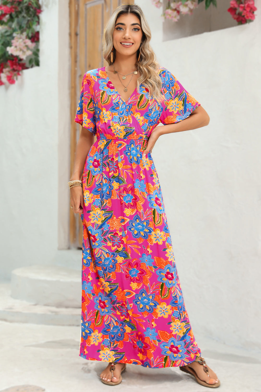 Aubrey Abstract Print Wrap V Neck Flutter Sleeve Mid Length Summer Dress