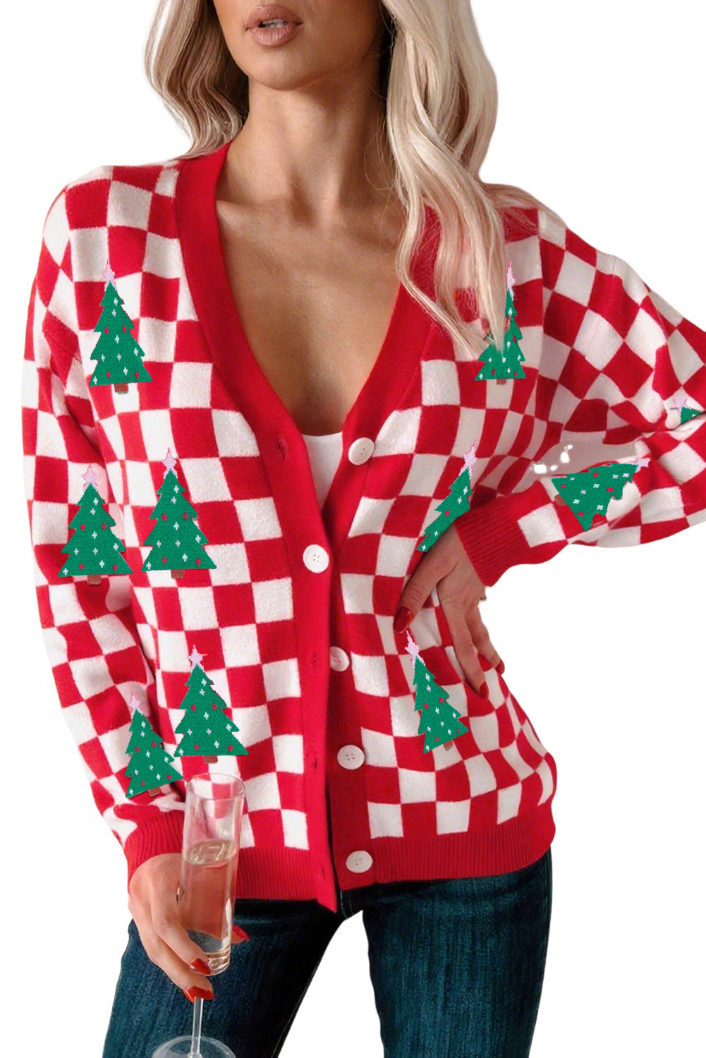 Dolan Red Checkered Christmas Tree Cardigan