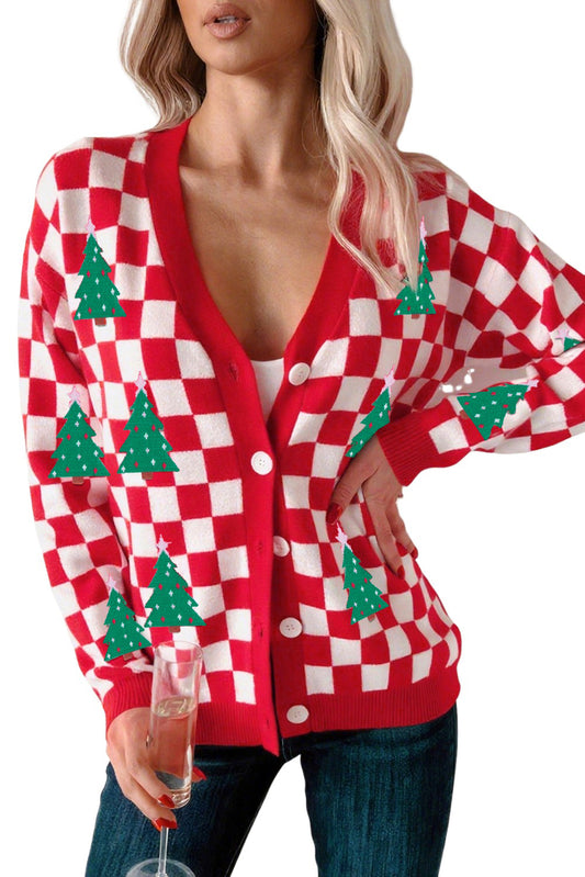 Dolan Red Checkered Christmas Tree Cardigan