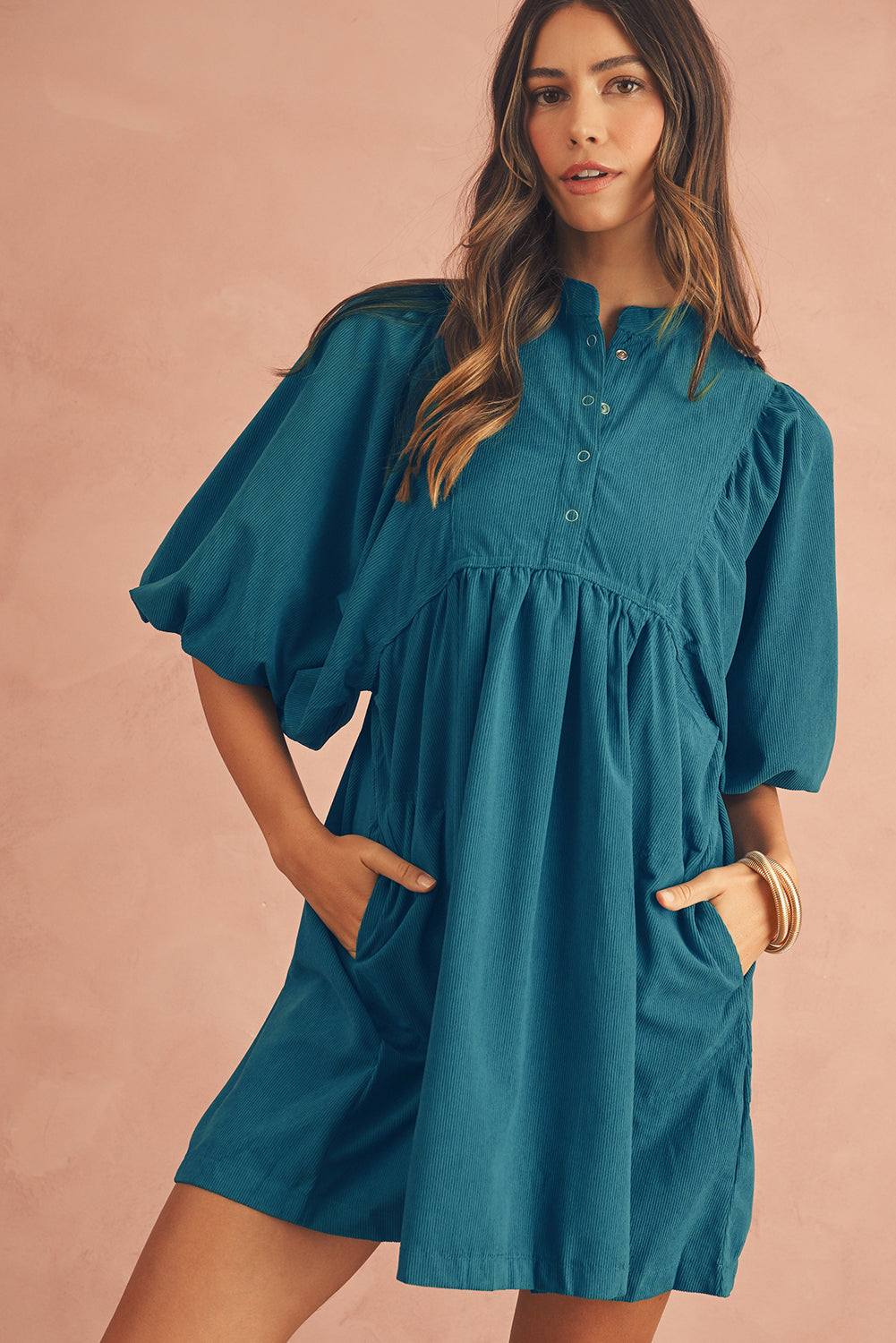 Lilly Snap Button Empire Waist Lantern Sleeve Corduroy Dress